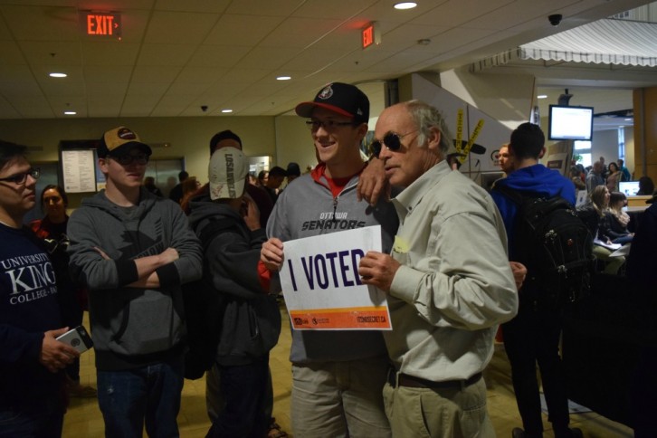 John Dunsworth, who plays Jim Lahey in comedy series Trailer Park Boys, encourages Dal voters on Thursday. 