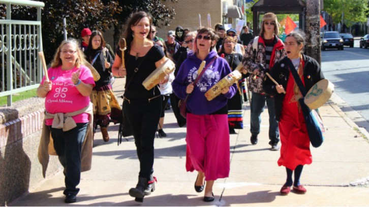 Women singing and drumming during the Sisters in Spirit march in Halifax Sunday