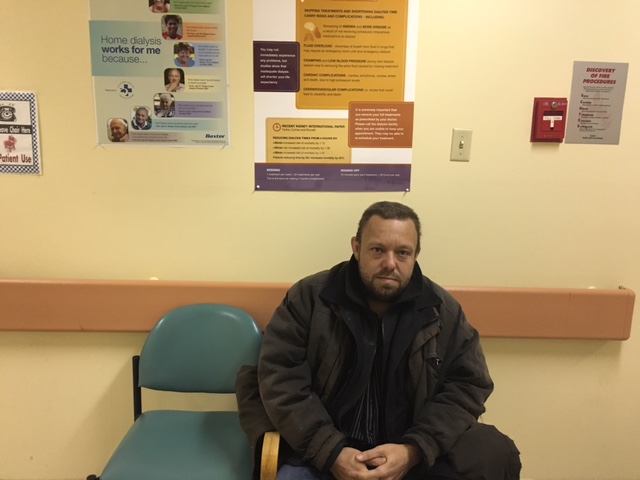 Nickerson sits in the waiting room before he goes in for dialysis. 