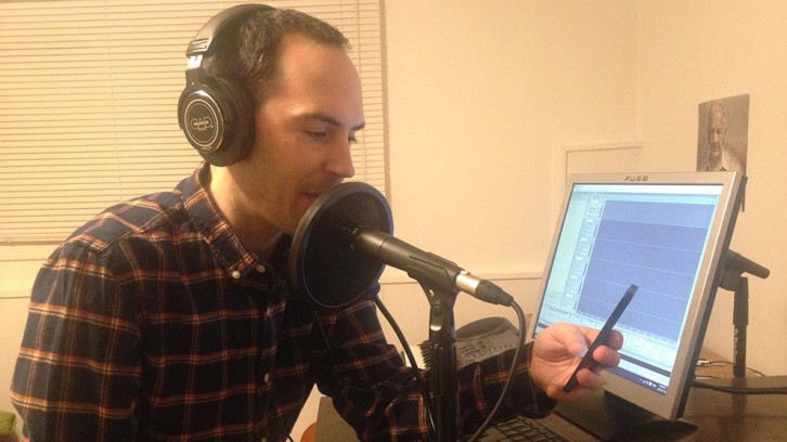 Jordan Bonaparte records his intro to the next episode of Night Time Podcast.