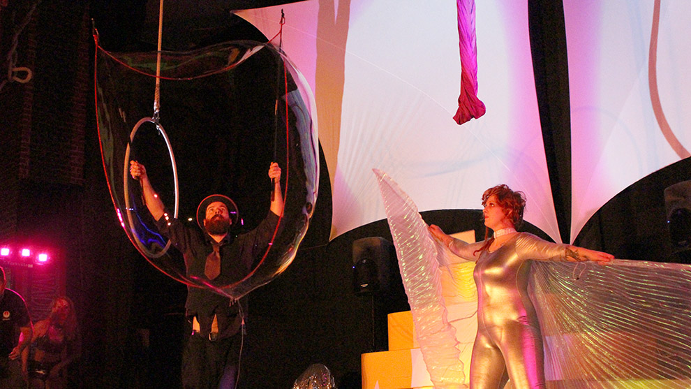 Mike MacDougall of the Jugglin Bubblers creates a large bubble on stage during a dress rehearsal of 2016: A Space Oddity.