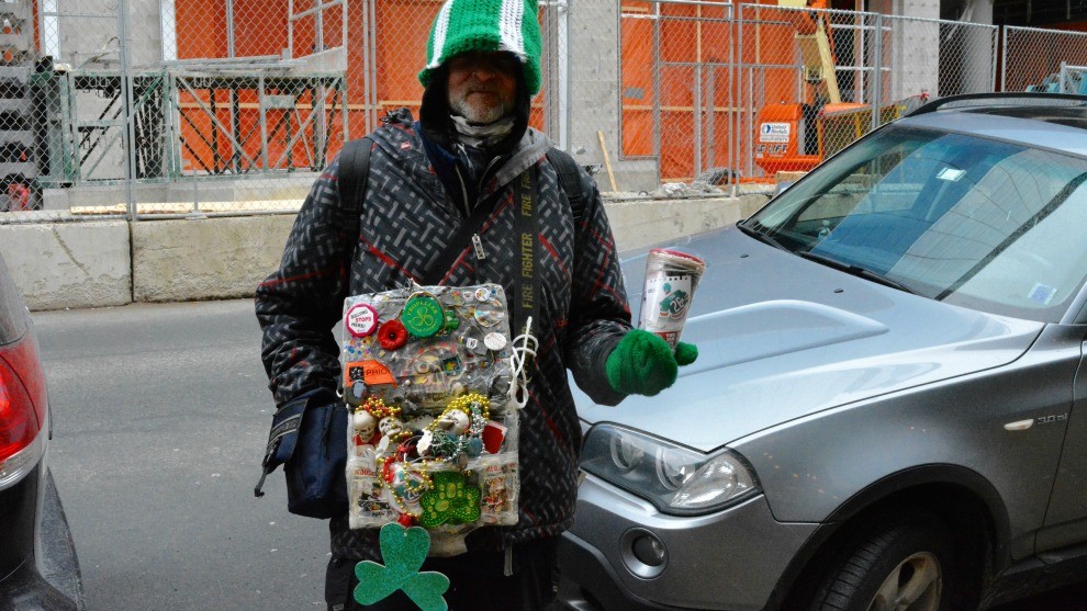 Man on the street decked out for St Patrick's Day. 