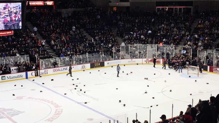 Sticks and helmets litter the ice as UNB celebrates their victory. 