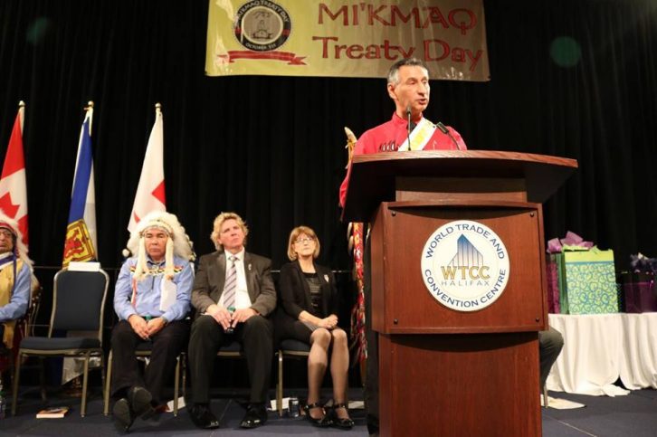 Grand Keptin of the Mi’kmaq Grand Council, Andrew Denny, speaks at the World Trade and Convention Centre in Halifax on Monday. 