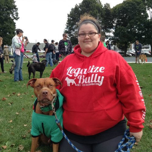 Founder of Halifax Bully Breed's Danielle Yorke and her pit bull Zeus in Cornwallis Park getting ready for the peaceful protest.