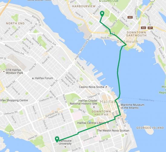 Patrick's route to Dartmouth via bike and ferry.
