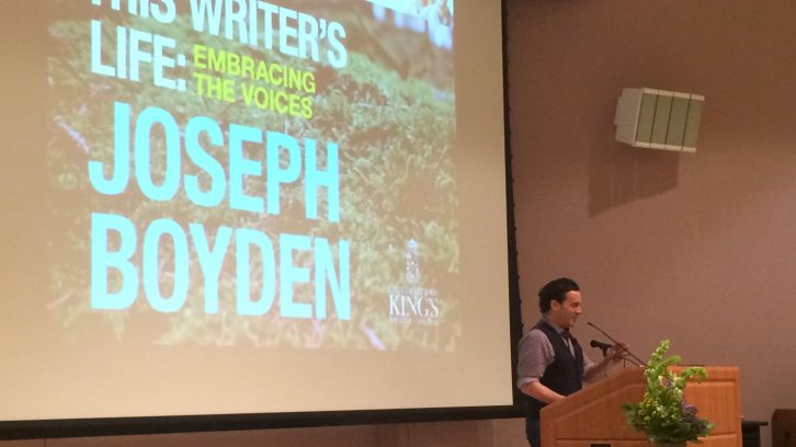 Joseph Boyden addresses the room at the Alex Fountain Memorial Lecture.