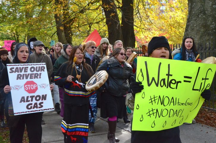 A crowd marches through downtown Halifax in support of the fight against the Dakota Access Pipeline at Standing Rock.