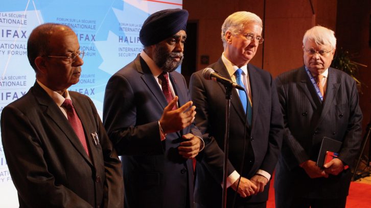 UN Under-Secretary-General for Field Support Atul Khare, Canadian Defence Minister Harjit Sajjan, U.K. Secretary of State Sir Michael Fallon and UN Under-Secretary-General for Peacekeeping Hervé Ladsous address the media after a meeting on UN peace operations Friday morning.