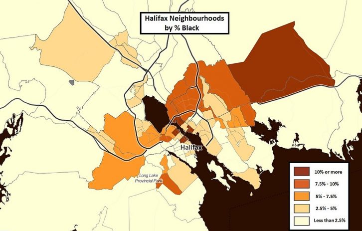 Percentage of population that identify as black by Halifax census tract. 