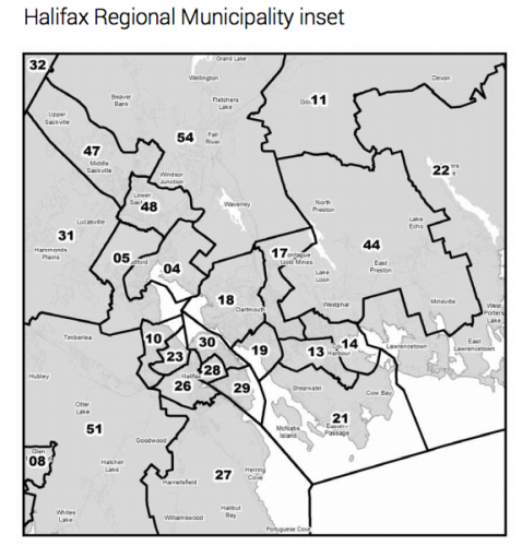 One proposed electoral map for the HRM with the new lines for the Preston district (44).