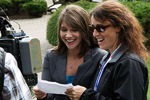 Kayla Hounsell, left, shares a laugh with CTV Atlantic promo producer Marnie Ells.
