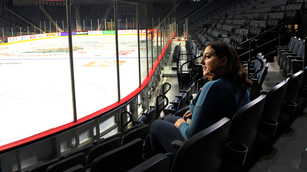 Kristen Libscombe sits in the Scotiabank Centre in Halifax.