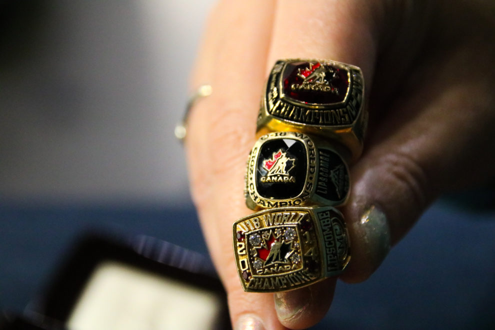 Lipscombe shows off the rings she won during various World Championships while working with Hockey Canada. 