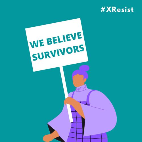 Image from student protests shows a stylized woman holding a sign that says We Believe Survivors