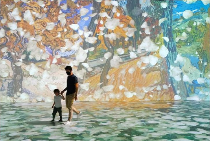 A father and child walk through the exhibit. A projection of falling flower petals surrounds them.