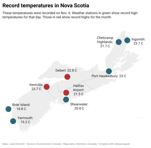 Map of record temperatures set in Nova Scotia on Nov. 6.