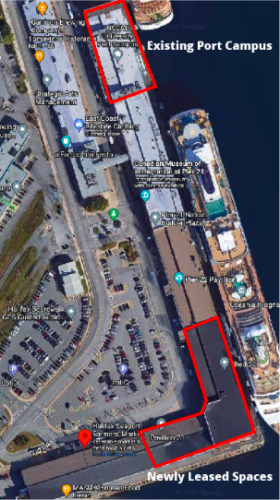 An overhead image of the buildings that create the Halifax SeaPort. Two red-outlined shapes highlight the existing Port campus and the newly leased spaces., the two outlined squares are about 200 meters apart in reality
