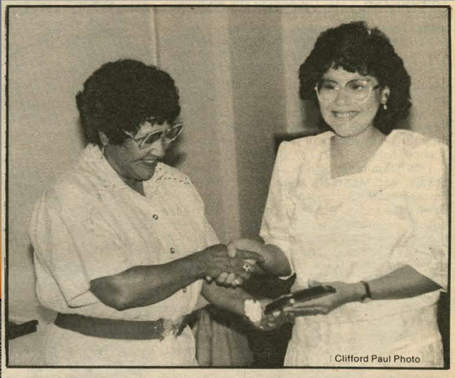 Maureen Googoo receives the best summer student news reporter award following the summer of 1987; she also tied for best photograph. Googoo travelled to the newspaper’s office in Membertou to help the editors during deadline week.