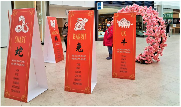 Red display boards in front of a pink flower arch show animals as a person in a red jacket with a person in a gray shirt standing behind.