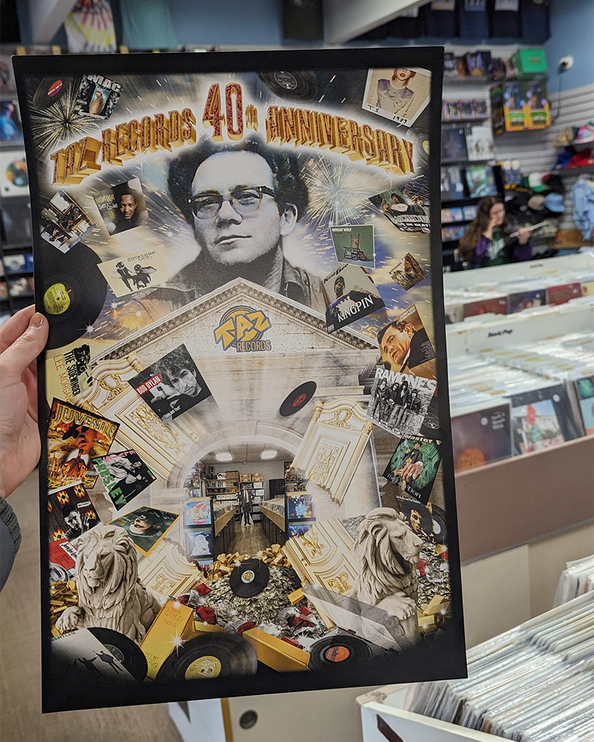 Taz Records 40th anniversary poster shows founder, Bob Switzer smiling down upon his record store where gold bars, gems, records and two lion statues sit. Music albums float around. Fireworks shoot in the sky above Switzer's head. Nov. 14, 2023.