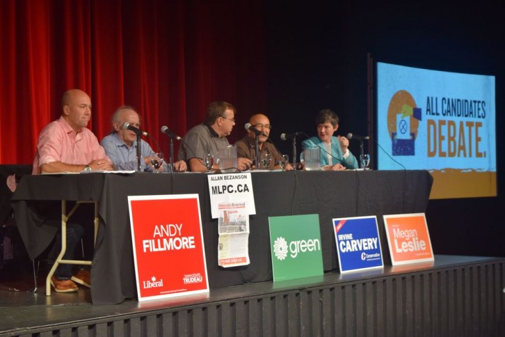 Liberal candidate Andy Fillmore, Marxist-Leninist candidate Allan Bezanson, Green Party candidate Thomas Trappenberg, Conservative candidate Irvine Carvery, and NDP candidate Megan Leslie (left to right) during tonight's debate. 