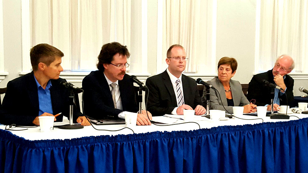 Catherine Tully, Sean Murray, Steve Kent, Maria Lasheras and Toby Mendel at a panel discussion Monday at Halifax City Hall