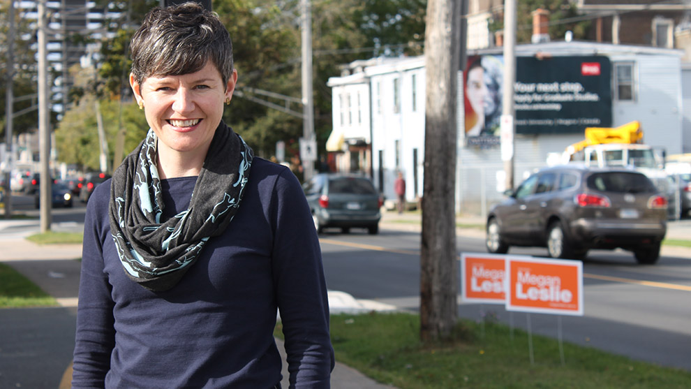 Leslie outside her campaigning office on Robie St.