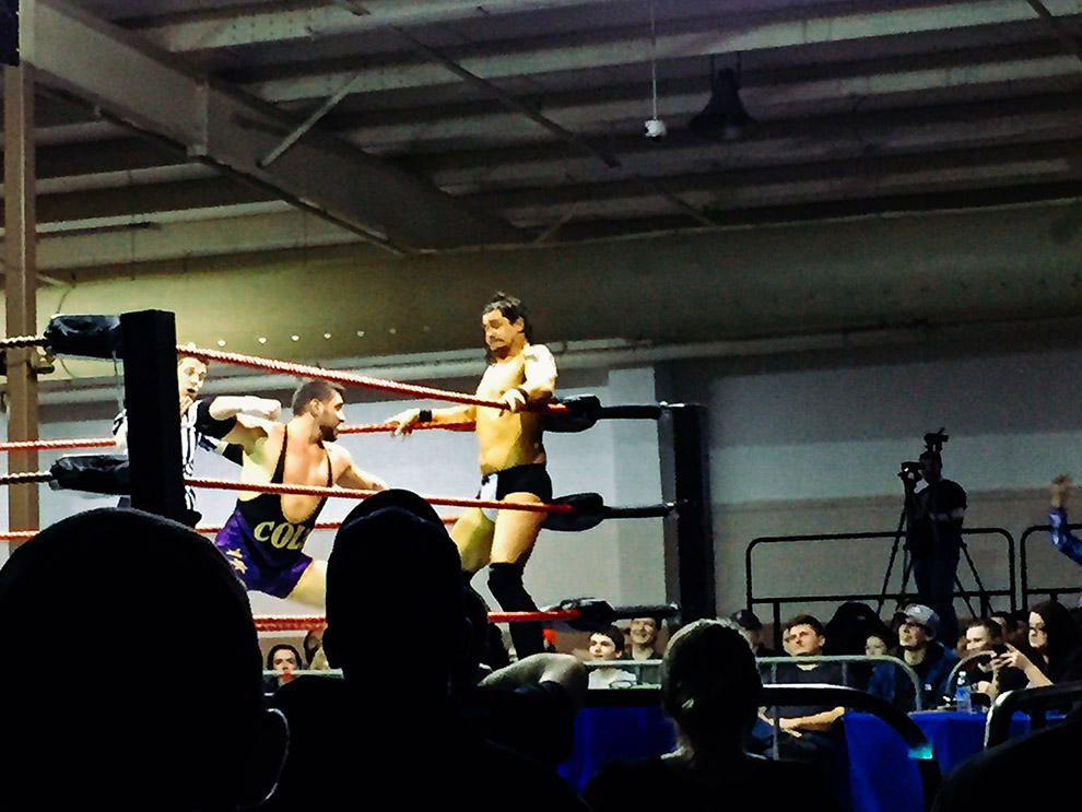Colt Cabana, about to punch Richard Shinary in the… you guessed it.