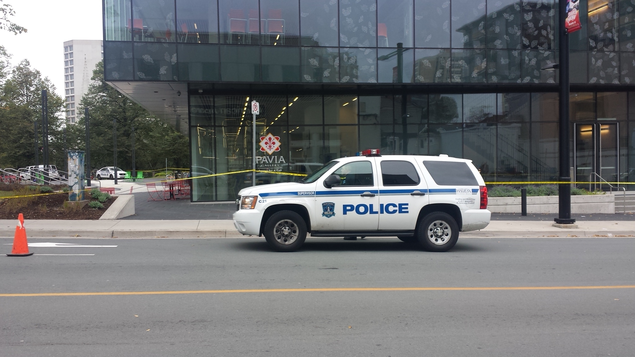 HRP tape off sidewalk around Halifax Central Library.