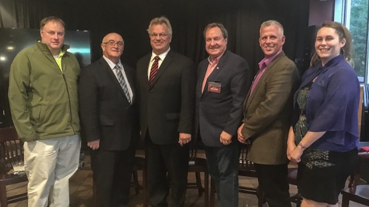 From left: Andrew Curran (District 10 candidate), Russell Walker (District 10 councillor), Stephen Adams (District 11 councillor), Bruce Holland (District 12 candidate), Scott Guthrie (District 12 councillor) and Dawn Penney (District 11 candidate) at Vinnie’s Pub. 