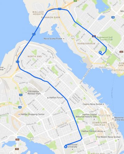 Moriah's route in her car across to Dartmouth.