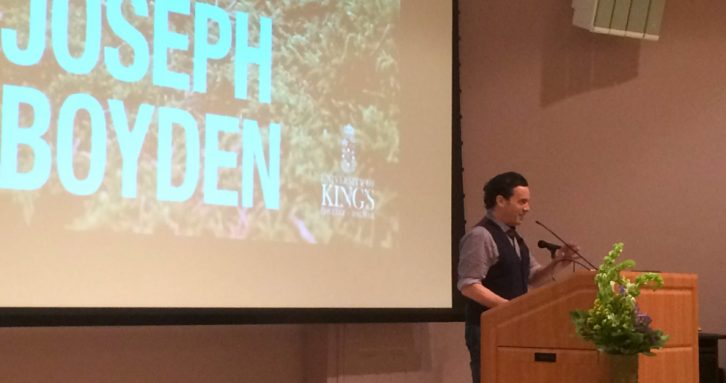 Joseph Boyden speaking at the Fountain lecture on Thursday night.
