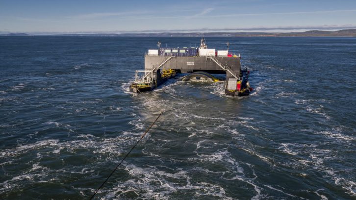 A tidal power turbine in the Bay of Fundy.