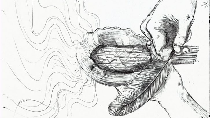 Smudging is a daily ritual. It happens once in the morning to greet the sun and give thanks for the day to come, and again at night to give thanks for the day that has passed, and the night ahead. 
Four traditional elements are used in smudging; tobacco, cedar, sweet grass and sage.  
