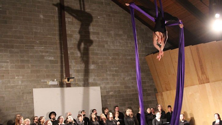 Aiyana Graham performing aerial acrobatics on silks during spoke word.