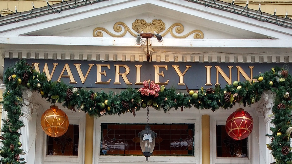 The front of the Waverly Inn, decorated for the holidays.