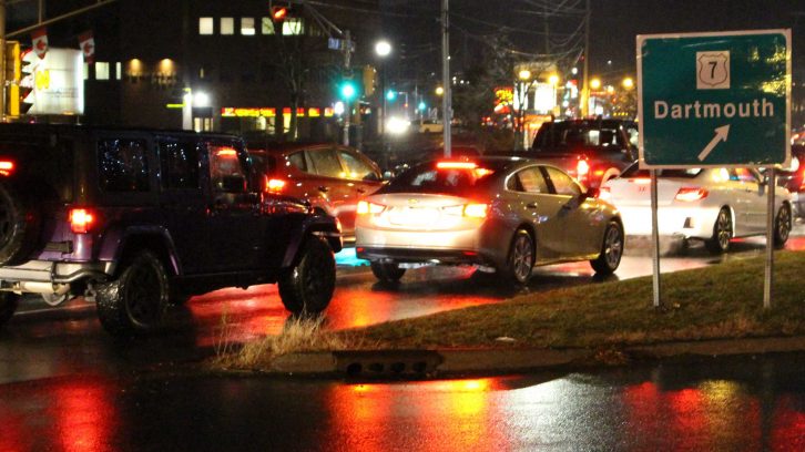 Cars line up during rush hour traffic on the Bedford Highway Monday evening.