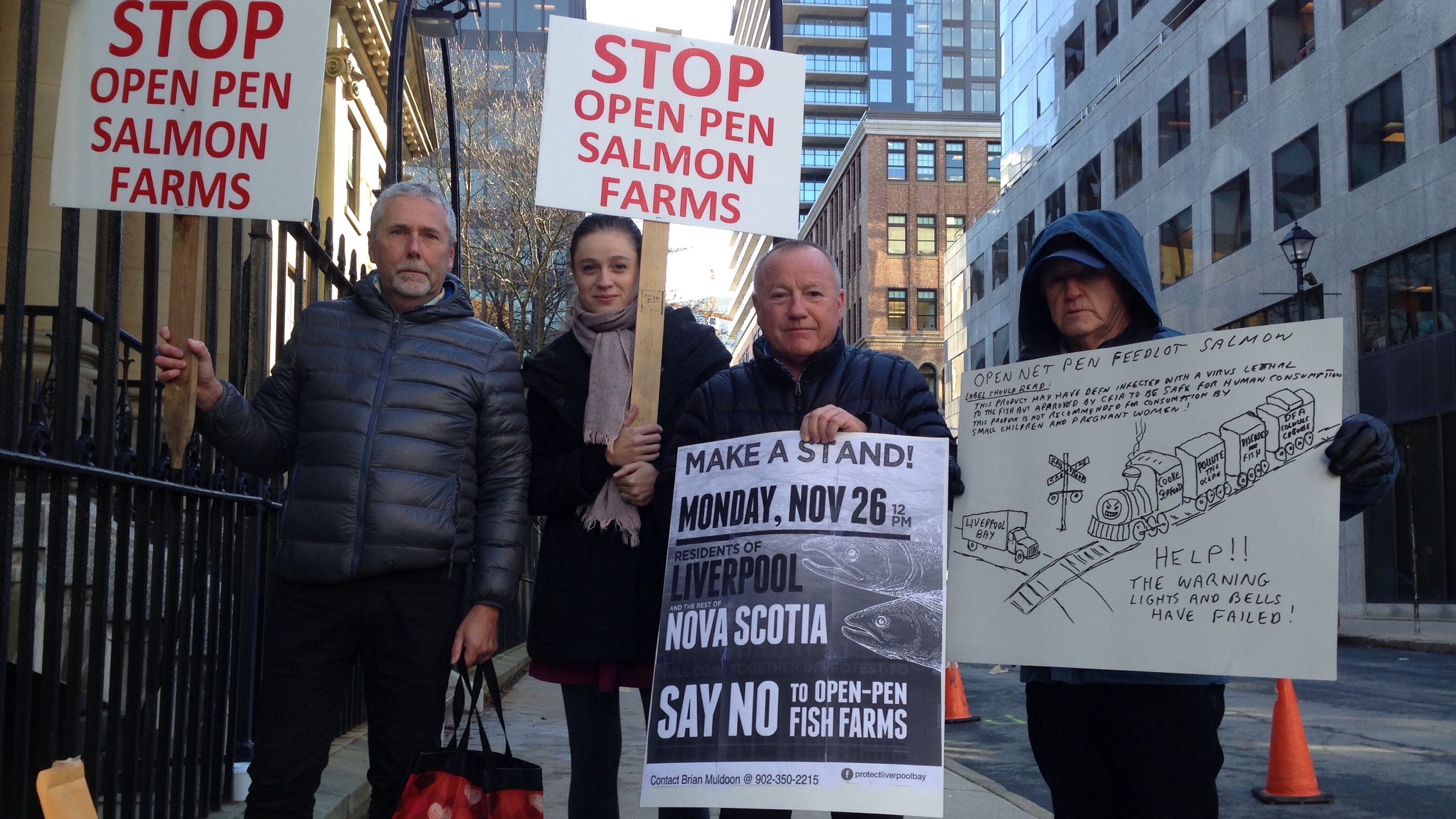 Protesters gather outside Province House on Nov. 26 to voice their opposition to proposed fish farms in Liverpool.