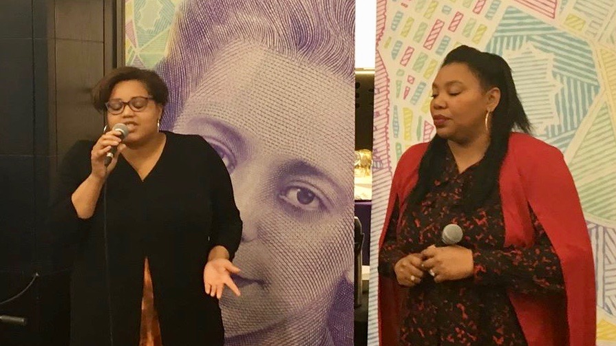 Natasha Thomas (left) and Minis Stairs (right) sing a song from Viola: An Original Musical at an event Monday.