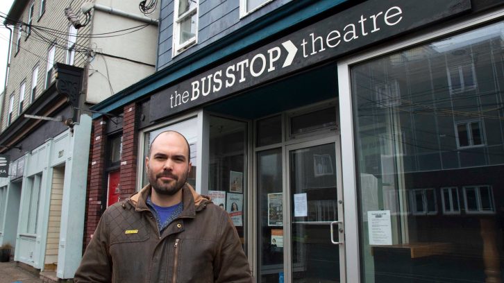  The Bus Stop Theatre's executive director, Sébastien Labelle, stands outside the front doors. 
