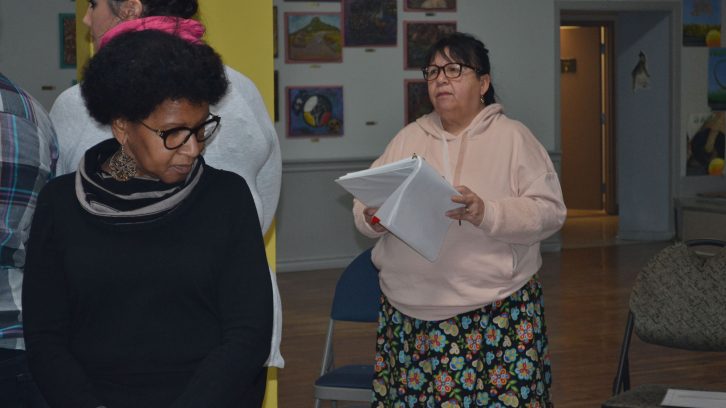 Debbie Eisan (right) leads a blanket exercise at the Mi’kmaw Native Friendship Centre.