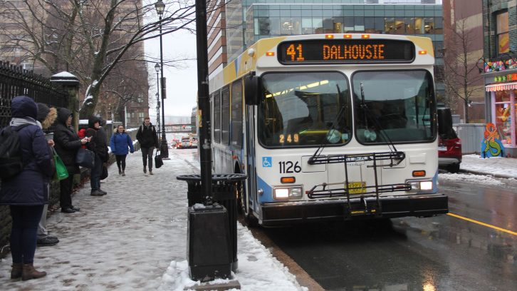 A Halifax Transit bus stops to pick up riders downtown.