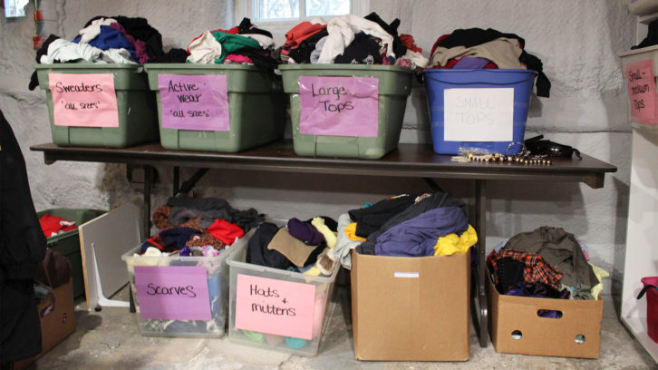 Clothing bins in the Elizabeth Fry Society's clothing room.