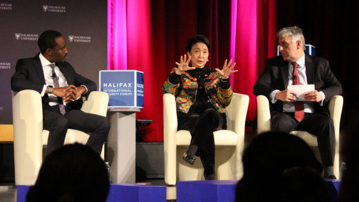 Emily Lau (centre) speaks at the Halifax International Security Forum at Dalhousie University on Thursday.