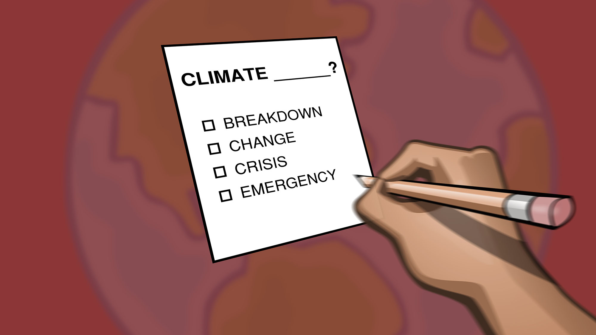 A person is shown deciding between different climate language in a photo illustration.
