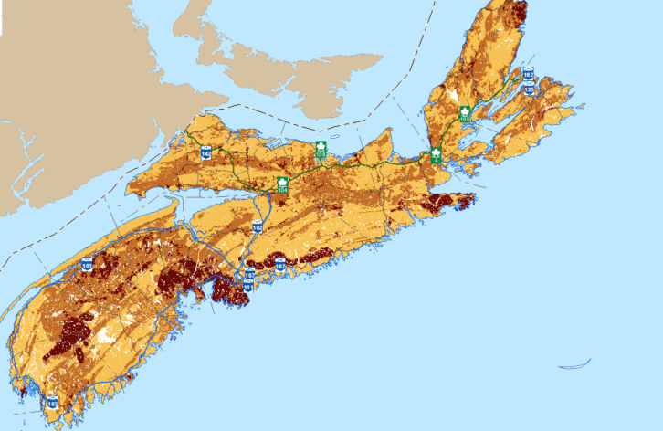 Radon levels across Nova Scotia. Red indicates high risk.