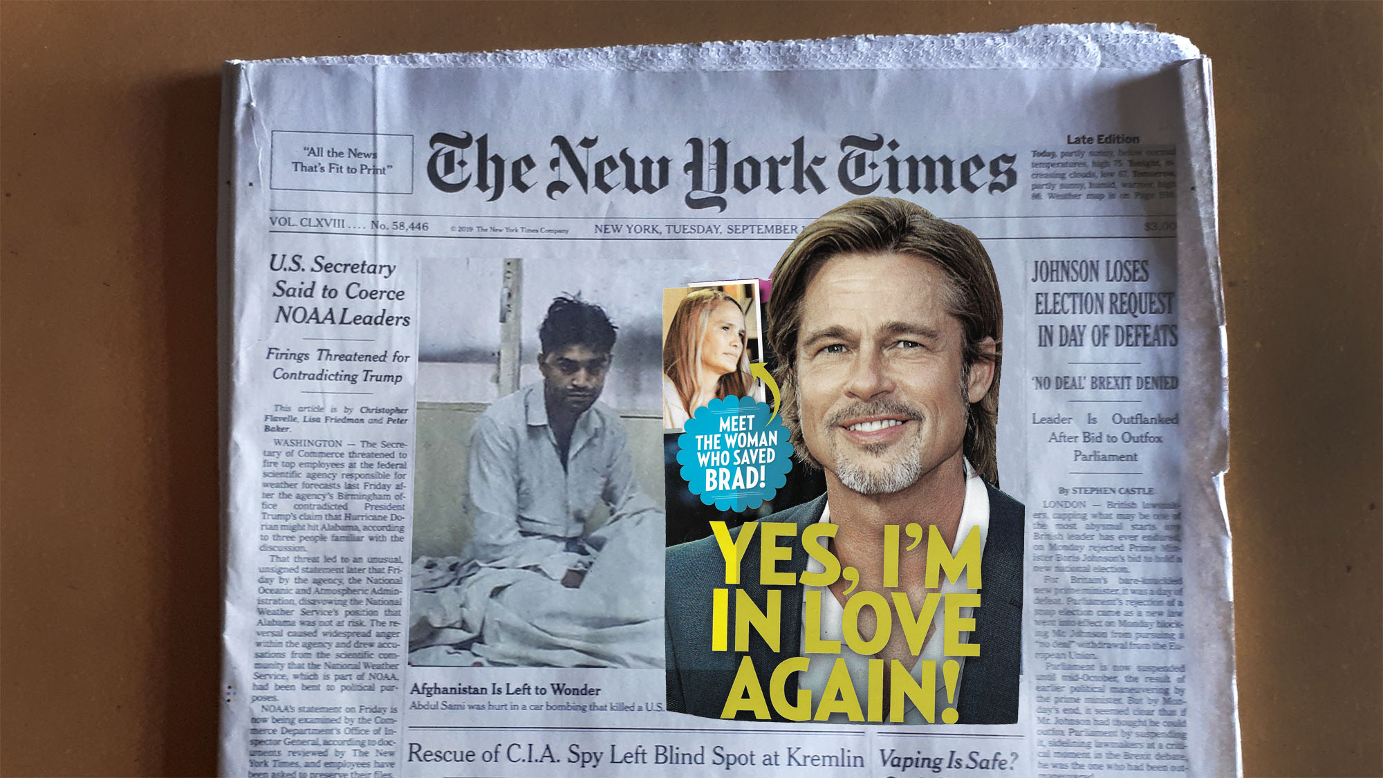 Brad Pitt is seen on the front of the New York Times in this photo illustration.