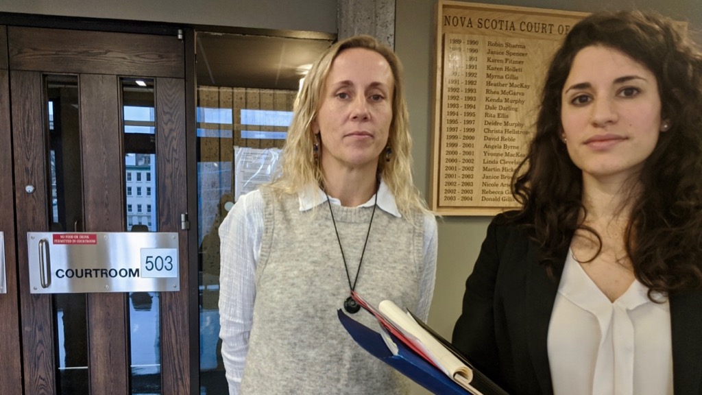 Carrie Low (left) and Jessica Rose outside a courtroom at Nova Scotia Supreme Court in 2019.