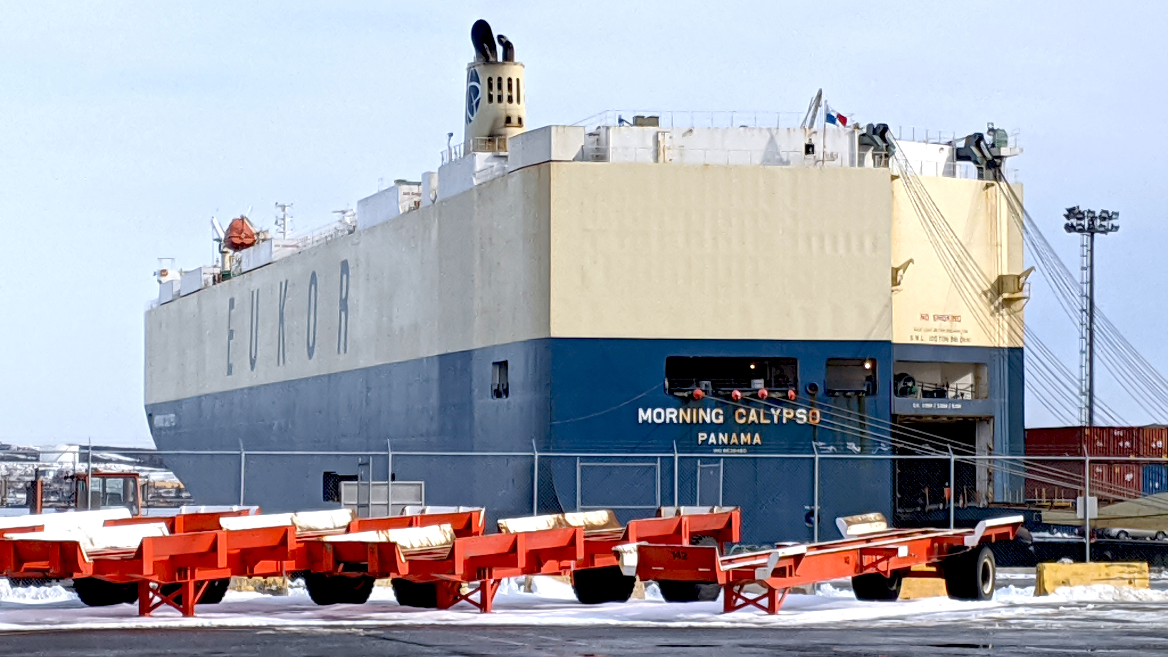 The ship 'Morning Calypso' (which is a vehicle carrier) docked at Pier 31 in Halifax.